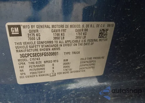 2015 Chevrolet Silverado 1500 1Lz from USA, damaged, VIN 3GCPCSEC6FG509891